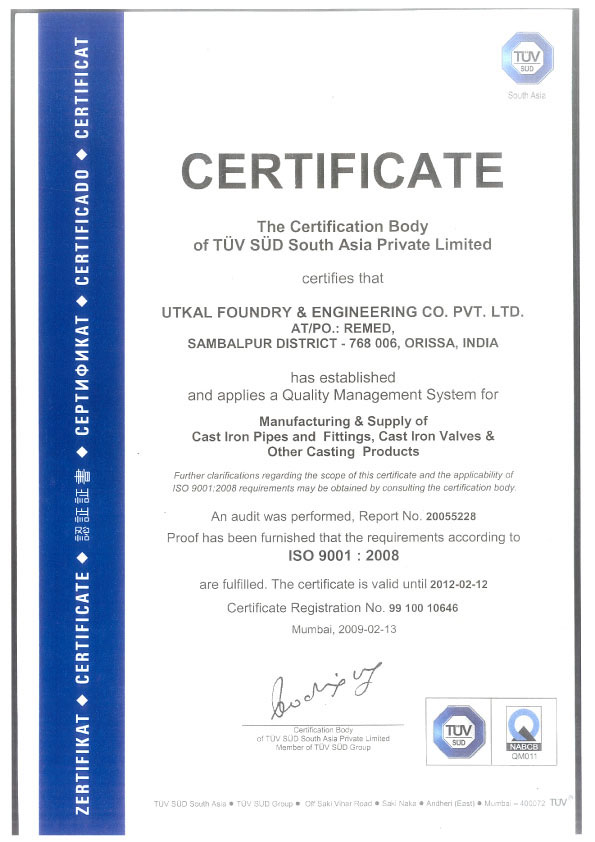Certificate for ISO 9001-2008